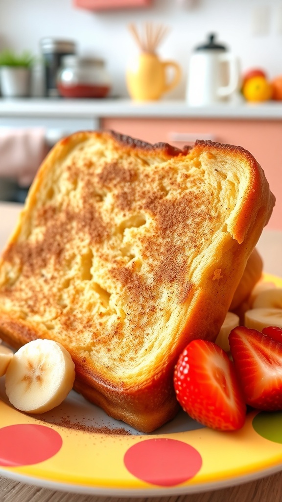 Soft French toast cut into small pieces on a plate with banana and strawberry slices.